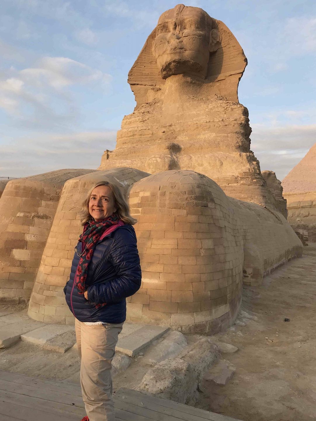 Gina Baksa Paws Sphinx at Giza pyramids in Egypt